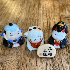 Japanese Miniature Ceramic Good Luck Figurines-Fukusuke, Maneki Neko, Otafuku